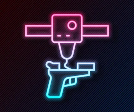 Glowing neon line 3D printer gun icon isolated on black background. 3d printing Illustrazione stock