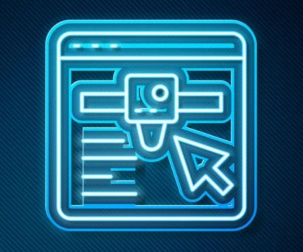 Glowing neon line 3D printer setting icon isolated on blue background. 3d Stock Illustration