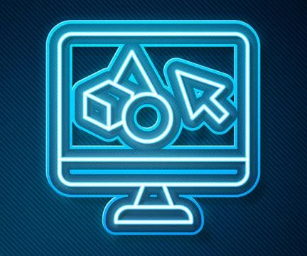 Glowing neon line 3D printer software icon isolated on blue background. 3d Stock Illustration