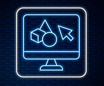 Glowing neon line 3D printer software icon isolated on brick wall background. 3d Illustrazione stock