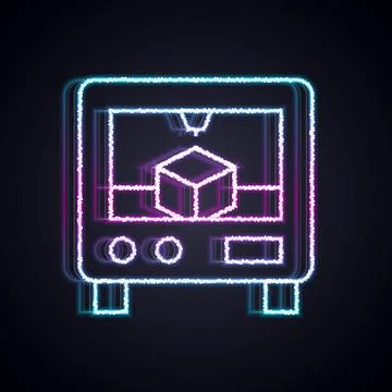 Glowing neon line 3D printer icon isolated on black background. 3d printing.  Illustrazione stock