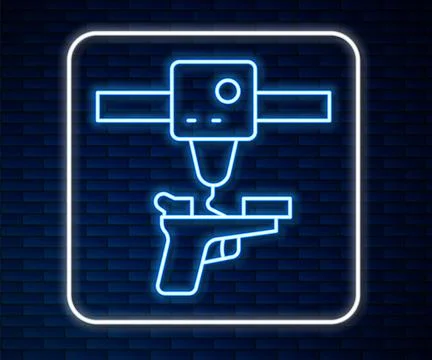 Glowing neon line 3D printer gun icon isolated on brick wall background. 3d p Illustrazione stock