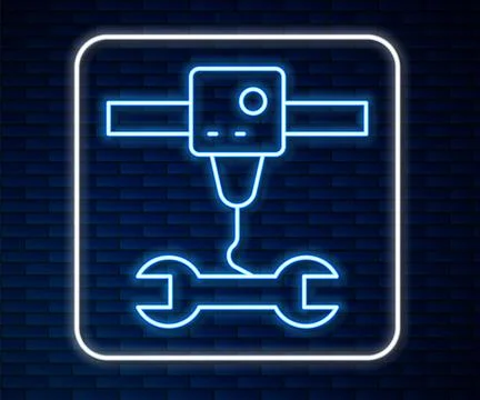Glowing neon line 3D printer wrench spanner icon isolated on brick wall backg Stock-Illustration