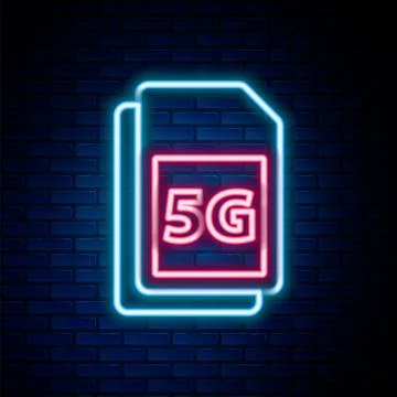 Glowing neon line 5G Sim Card icon isolated on brick wall background. Mobil.. Stock Illustration