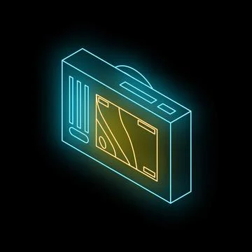 Glowing neon line action camera icon isolated on black background represent.. Stock Illustration