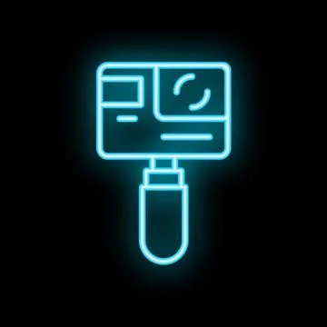 Glowing neon line action camera icon isolated on black background Stockillustratie