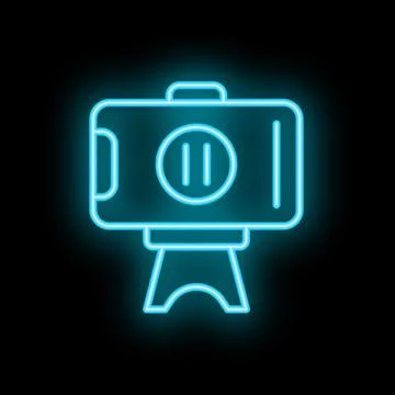 Glowing neon line action camera icon isolated on black background Stock Illustration