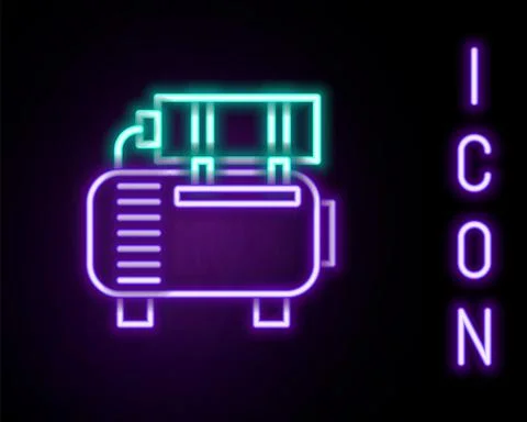 Glowing neon line Air compressor icon isolated on black background. Colorful Illustrazione stock