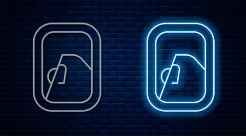 Glowing neon line Airplane window icon isolated on brick wall background. A.. Stock Illustration