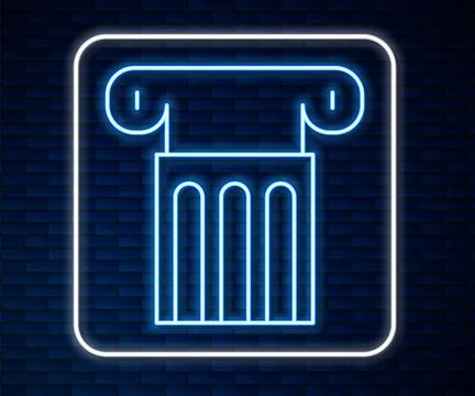 Glowing neon line Ancient column icon isolated on brick wall background.  V.. Stock Illustration