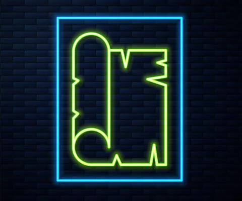 Glowing neon line Ancient papyrus scroll icon isolated on brick wall background Stock Illustration