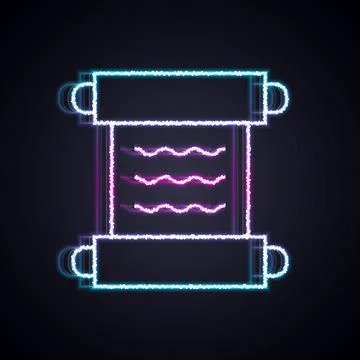 Glowing neon line Ancient papyrus scroll icon isolated on black background. P Stock Illustration