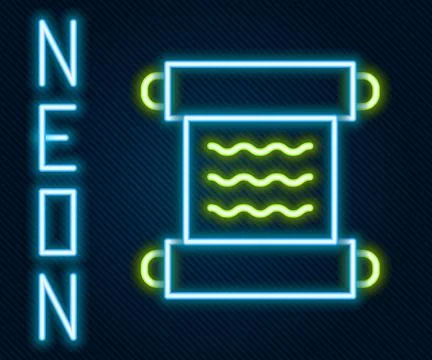 Glowing neon line Ancient papyrus scroll icon isolated on black background Stock Illustration