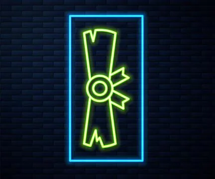 Glowing neon line Ancient papyrus scroll icon isolated on brick wall background Illustrazione stock