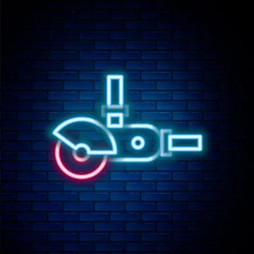 Glowing neon line Angle grinder icon isolated on brick wall background. Colorful Stock Illustration