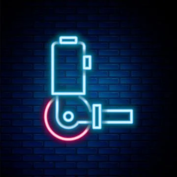 Glowing neon line Angle grinder icon isolated on brick wall background. Colorful Stock Illustration
