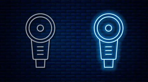 Glowing neon line Angle grinder icon isolated on brick wall background. Vector Stock Illustration
