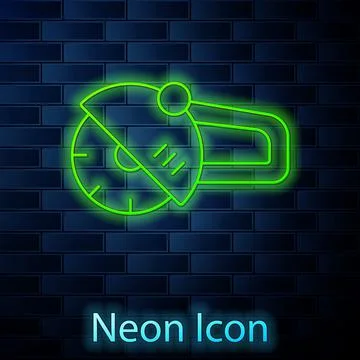 Glowing neon line Angle grinder icon isolated on brick wall background. Vector Stock Illustration