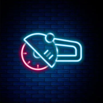 Glowing neon line Angle grinder icon isolated on brick wall background. Colorful Stock Illustration