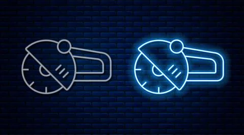 Glowing neon line Angle grinder icon isolated on brick wall background.  Vect Stock Illustration