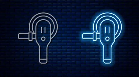 Glowing neon line Angle grinder icon isolated on brick wall background. Vector Stock Illustration