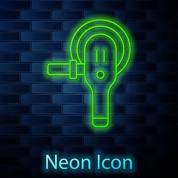 Glowing neon line Angle grinder icon isolated on brick wall background. Vecto Stock Illustration