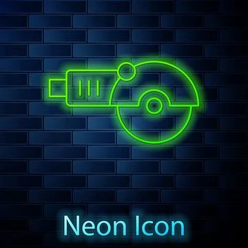 Glowing neon line Angle grinder icon isolated on brick wall background. Vecto Stock Illustration