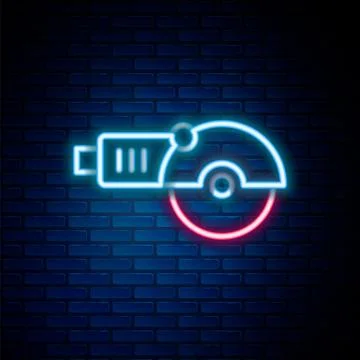 Glowing neon line Angle grinder icon isolated on brick wall background. Col.. Stock Illustration