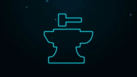 Glowing neon line Anvil for blacksmithing and hammer icon isolated on black Stock Footage 139602115