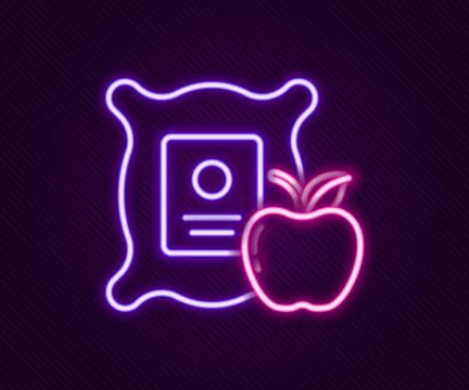 Glowing neon line Apple in the sack icon isolated on black background. Appl.. Stock Illustration