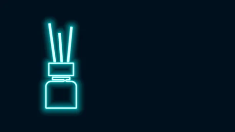 Glowing neon line Aroma diffuser icon isolated on black background. Glass jar Stock Footage 143165700