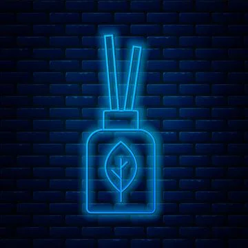 Glowing neon line Aroma diffuser icon isolated on brick wall background. Glass Stock Illustration