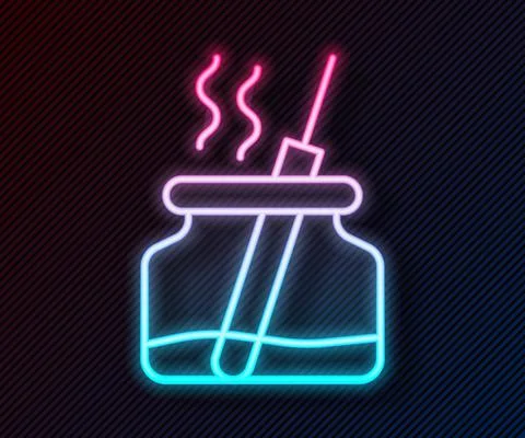 Glowing neon line Aroma diffuser icon isolated on black background. Glass jar Stock Illustration