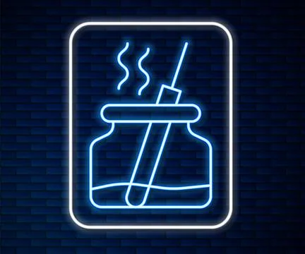 Glowing neon line Aroma diffuser icon isolated on brick wall background. Glas Stockillustratie
