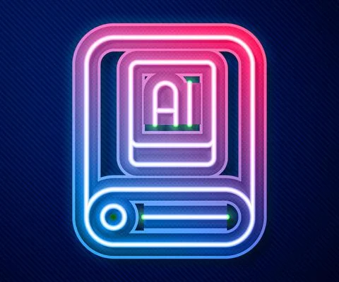 Glowing neon line Artificial intelligence AI icon isolated on blue background Stock Illustration