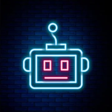 Glowing neon line Artificial intelligence robot icon isolated on brick wall.. Stock Illustration