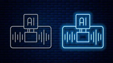Glowing neon line Artificial intelligence AI icon isolated on brick wall ba.. Stock Illustration