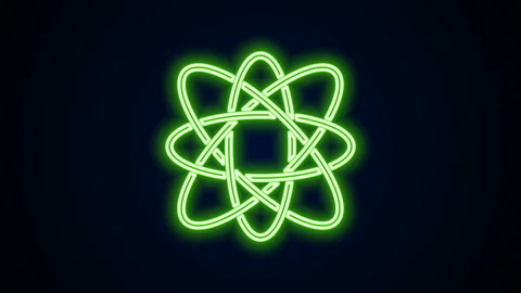 Glowing neon line Atom icon isolated on black background. Symbol of science Stock Footage 142290347