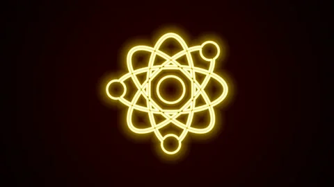 Glowing neon line Atom icon isolated on black background. Symbol of science Stock Footage 225887393