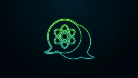 Glowing neon line Atom icon isolated on black background. Symbol of science Stock Footage 225889046