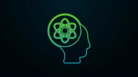 Glowing neon line Atom icon isolated on black background. Symbol of science Stock Footage 225890639