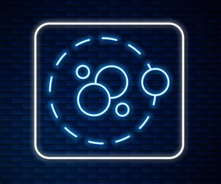 Glowing neon line Atom icon isolated on brick wall background. Symbol of sc.. Stock Illustration