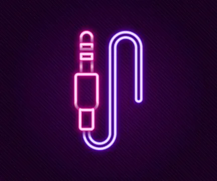 Glowing neon line Audio jack icon isolated on black background. Audio cable.. Stock Illustration