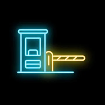 Glowing neon line automatic barrier icon isolated on black background, Ilustración de archivo