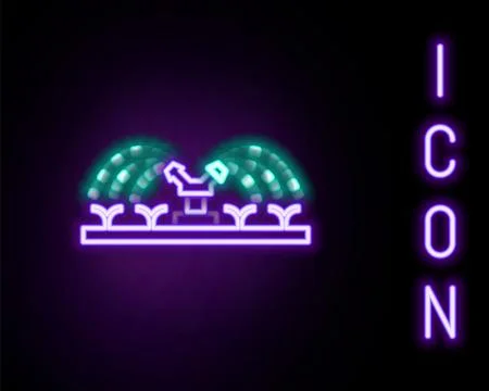 Glowing neon line Automatic irrigation sprinklers icon isolated on black ba.. Stock Illustration