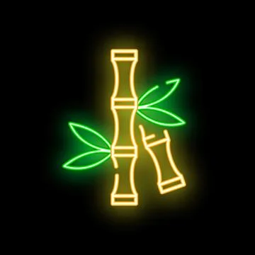 Glowing neon line bamboo stem with leaves icon illustration on dark backgroun Stock Illustration