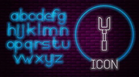 Glowing neon line Barbecue fork icon isolated on brick wall background. BBQ f Stock Illustration