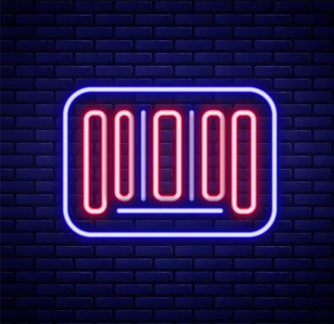 Glowing neon line Barcode icon isolated on brick wall background. Colorful Stock Illustration