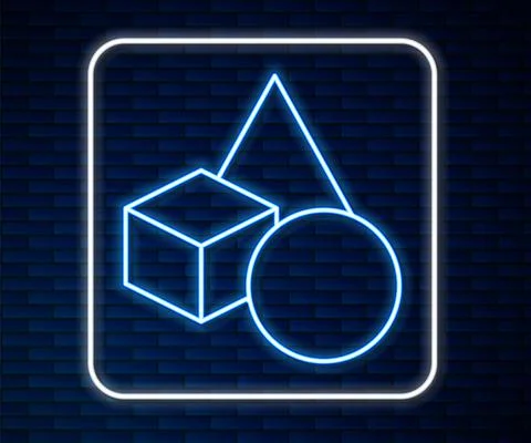 Glowing neon line Basic geometric shapes icon isolated on brick wall background Illustrazione stock