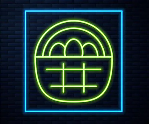 Glowing neon line Basket with easter eggs icon isolated on brick wall background Illustrazione stock